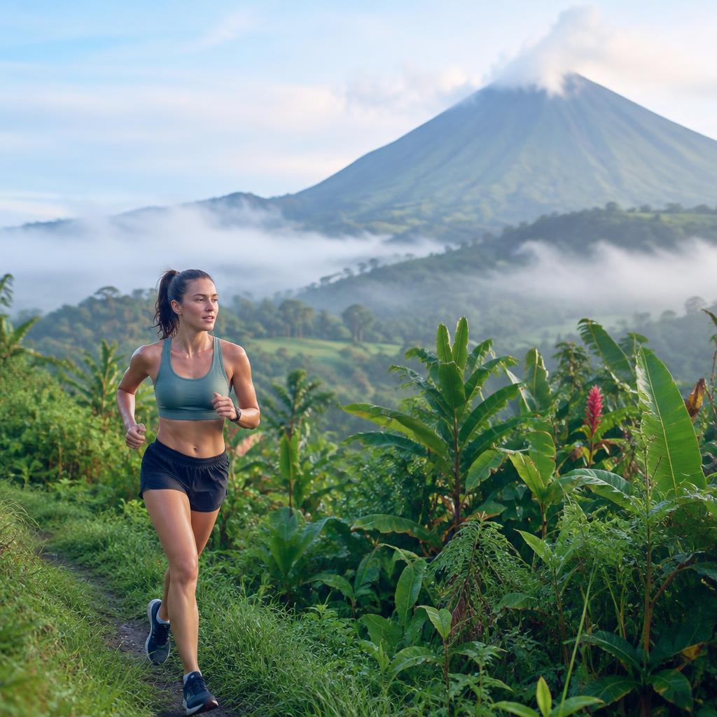 Corredora en sendero junto a un volcán
